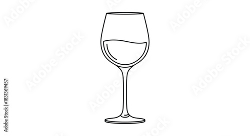 A minimalist black and white line art illustration of a classic glass of wine perfect for a menu or winery branding.
