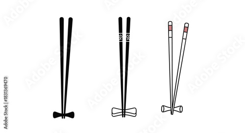 A collection of three different styles of Asian chopsticks with their rests including simple black and decorated designs.