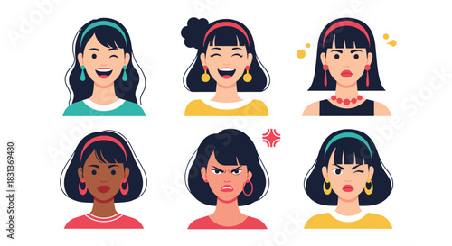 A collection of a young woman's portrait showing six different facial expressions including happy angry winking and sad.