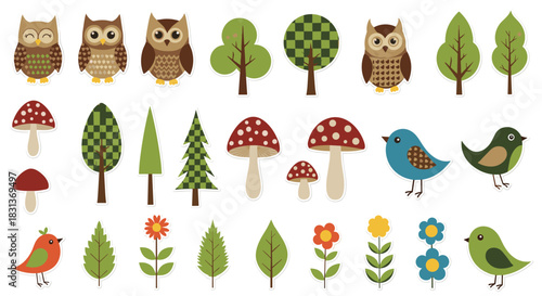 A delightful collection of cute woodland and forest themed sticker illustrations with owls birds mushrooms trees and flowers.