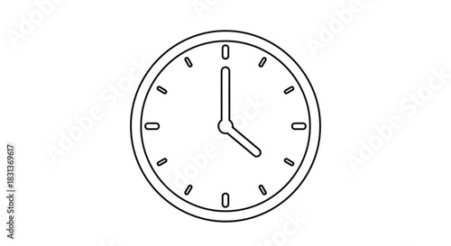 A minimalist black and white line art icon of a simple round wall clock showing the time as exactly four o'clock.