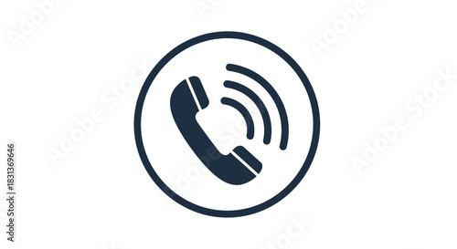 A simple and bold dark blue phone icon with a ringing telephone receiver inside a circle for contact or support communication.