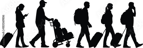 Group of five vector silhouettes walking in a line with rolling suitcases, backpacks, and a baggage cart, representing airport passengers, travelers, or busy transportation hub activity scene.