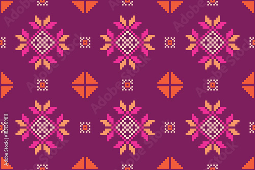 Cross stitch pattern concept showcasing traditional ethnic geometric pattern, Design for textile, background,carpet,wallpaper,clothing,wrapping,Batik,fabric,Vector illustration	
