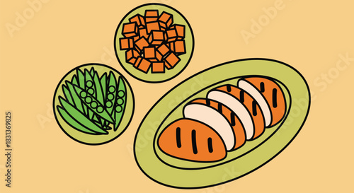 Grilled chicken breast with vegetables healthy food illustration