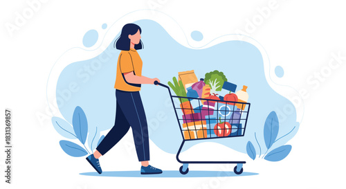 A woman pushing a shopping cart filled with fresh groceries and packaged food items, representing a typical shopping trip.