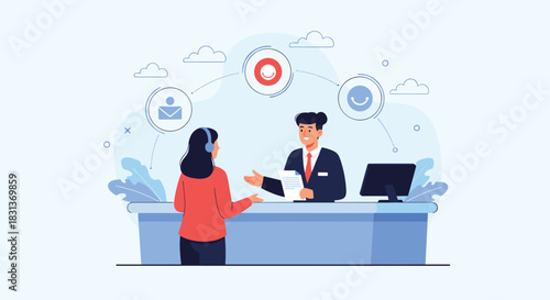 Friendly customer service agent in headphones assisting a smiling male client at a reception desk, symbolizing positive communication and satisfaction.