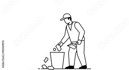 Illustration of man cleaning up trash with dustpan and trash can