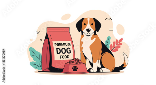 A happy cartoon beagle dog sits beside a bag of premium dog food and a bowl of kibble, representing pet nutrition and care.