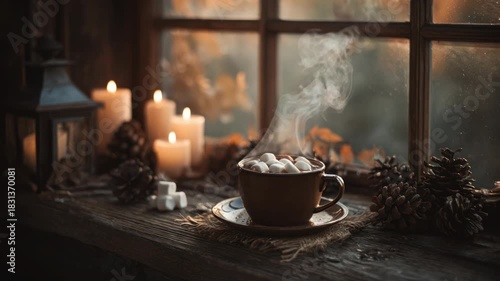 Cozy winter scene of a window sill with warm drink, candles, and seasonal details