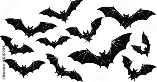 Large group of twelve black bat vector silhouettes flying with spread wings in different poses, representing Halloween, spooky wildlife, nocturnal animals, or gothic horror design elements 