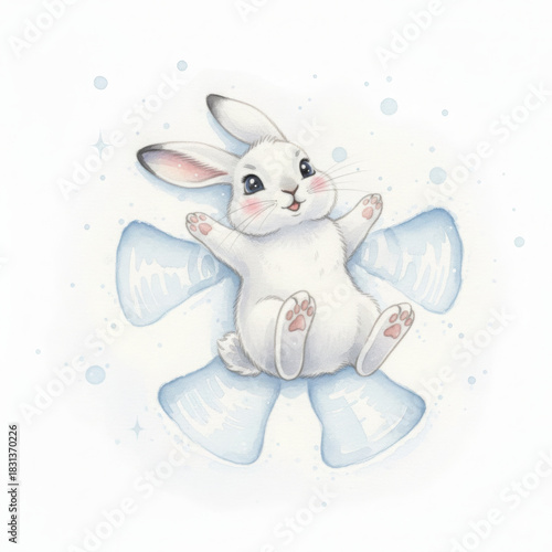 Adorable white rabbit joyfully creates snow angel, playful its back. Chubby bunny spreads its limbs soft light blue, capturing pure happiness. Whimsical illustration evokes winter fun and innocent