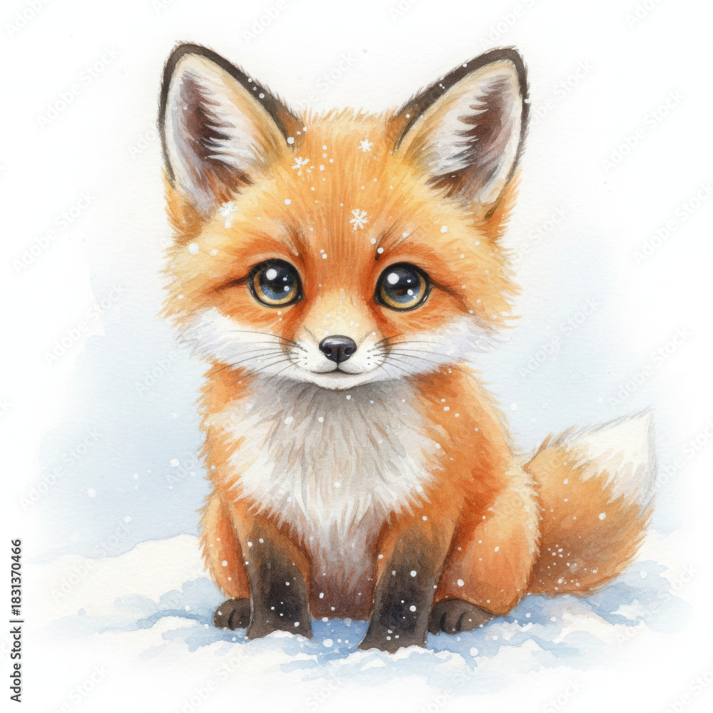Obraz premium Charming baby fox sits joyfully fresh white snow, its big innocent eyes reflecting sweet curiosity. adorable small animal features fluffy orange fur, soft white chest, and dark paws, creating