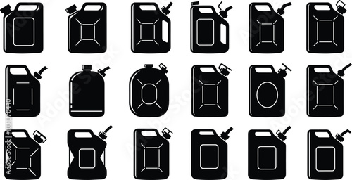 Large set of sixteen black vector jerry can, gasoline, and oil canister silhouettes, showing fuel storage containers in various shapes, representing automotive, industry, or emergency supply icons.