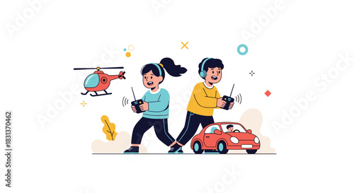 Happy children, a boy and a girl, enjoy playing with remote-controlled toys like a helicopter and a car, depicting childhood fun and technology.