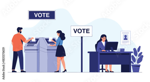 Citizens exercising their democratic right by casting ballots into voting machines at a polling station, overseen by an election official.
