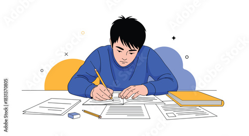 Young person intensely studying at a desk with an open book and papers, writing diligently with a pencil, focused on academic work.