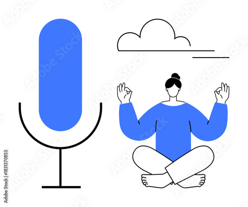 Woman meditating in a yoga pose beside a large microphone icon under a cloud. Ideal for wellness, mindfulness, relaxation, meditation, self-expression, voice tech, calm communication. Simple flat