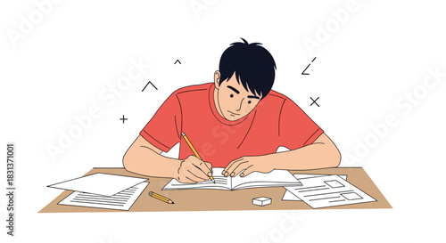 A focused young student diligently writes on papers at a desk with a pencil, symbolizing concentration and academic dedication.