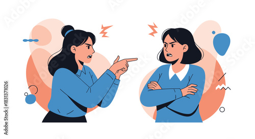 Two angry women are having a heated argument or dispute, one pointing an accusatory finger while the other stands defiantly with crossed arms.