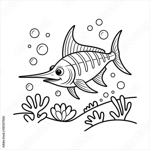 A cute smiling cartoon swordfish with coral on the ocean floor black and white vector line art for a children's coloring page illustration