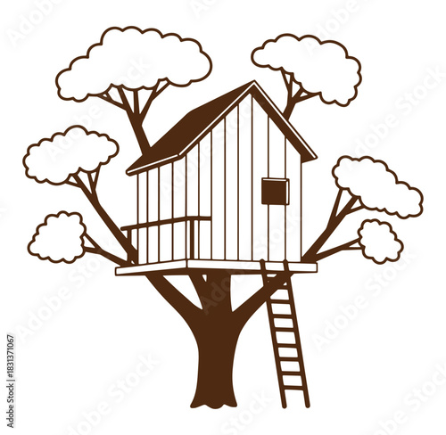 A brown and white simple line art illustration of a charming treehouse in a tree
