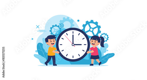 Young children, a boy and a girl, happily collaborate to hold a large clock, surrounded by abstract blue gears and organic shapes, symbolizing time.