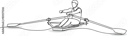 A line drawing of a person rowing a single scull boat on the water, with oars extended.