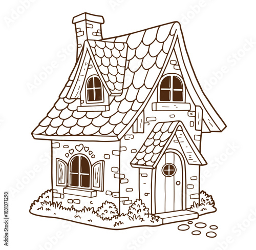 Adorable hand drawn cottage illustration perfect for fairytales and storybooks coloring pages