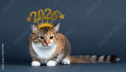 Studio Portrait of Calico Cat Wearing 2026 New Year Headband