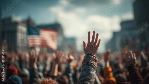 Crowd with raised hands; American flag blurred in the background, celebrating in the city