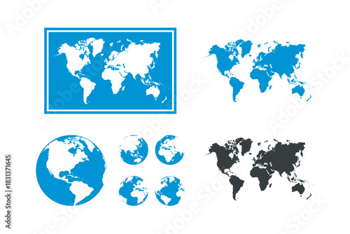 Collection of World Maps and Globes in Blue and Black.