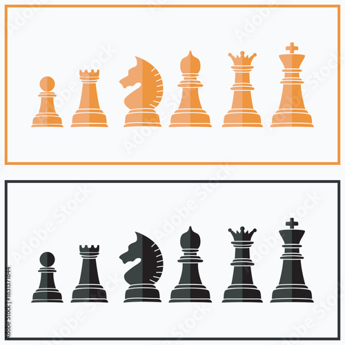 Set of Chess Pieces in Orange and Black Colors.
