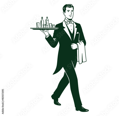 Elegant butler in tuxedo carrying drinks on a tray in a classic vintage illustration