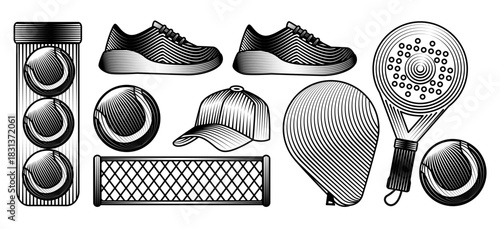 Vector illustration set of padel sport equipment racket balls in tube sneakers net in vintage engraving style black and white scratchboard design for paddle club