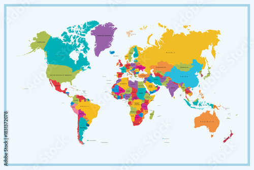 Colorful World Map Showing All Continents and Countries.