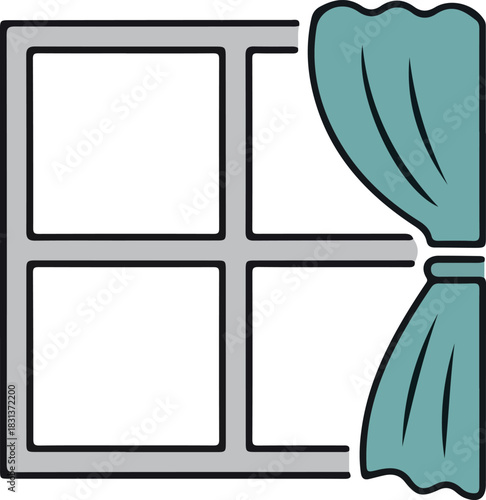 A simple illustration of a window with teal curtains partially drawn to the right side.