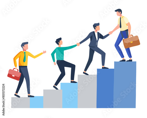 Teamwork, mentorship and cooperation concept. Employees giving hands and helping colleagues to walk upstairs. Vector illustration.