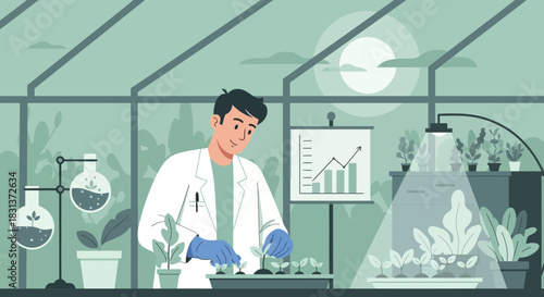 Researcher working in a greenhouse for plant growth experimentation illustration