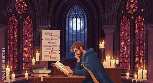 Enigmatic scholar immersed in ancient texts within a candlelit gothic chamber