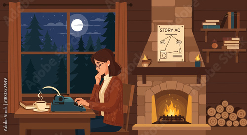 Writer's retreat: Woman crafting stories at a vintage typewriter by cozy cabin fireplace