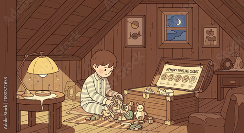 Illustration of a boy in pajamas sitting with a toy collection in the attic