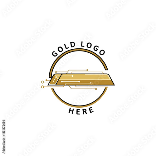 Gold bar logo design with digital circuit elements, inside a circular frame, featuring text.