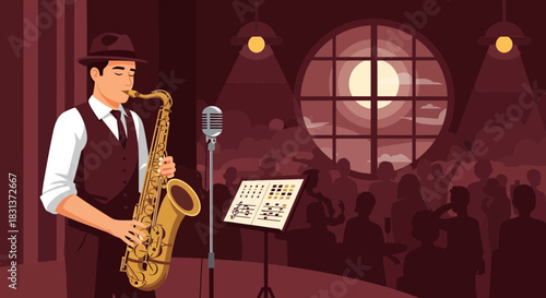 Saxophone player performing on stage at a jazz club with an audience
