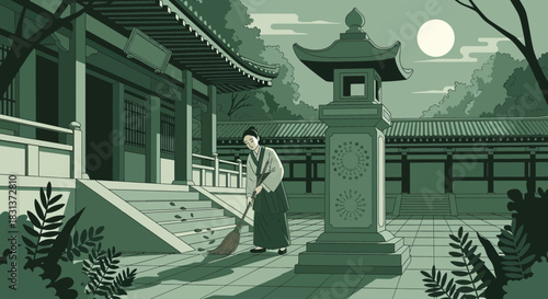 Solitary figure sweeping in the courtyard of a tranquil East Asian temple