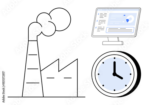 Factory with smoke emissions, clock showing time, and digital screen displaying analytics. Ideal for industry, productivity, time management, efficiency, automation, sustainability workplace tools