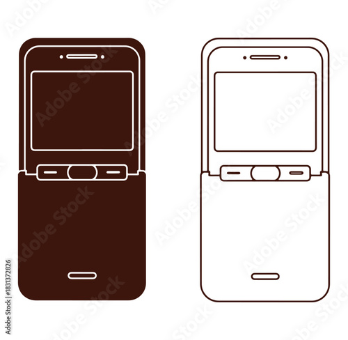 Minimalist vector illustration of two clamshell mobile phones representing communication technology