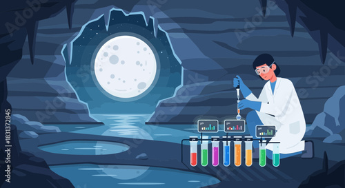 Scientist performing chemistry research in a secluded moonlit cave laboratory
