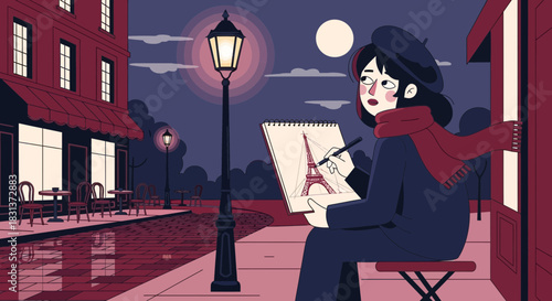 A Parisian Artist's Night: Capturing the Eiffel Tower in a Charming Illustration