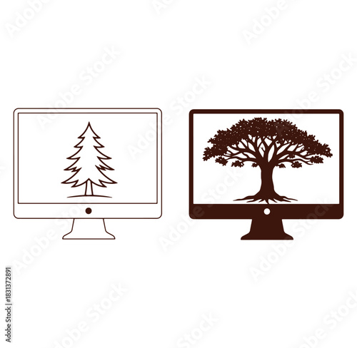 Modern computer displays showcasing nature tree icons representing technology and ecology